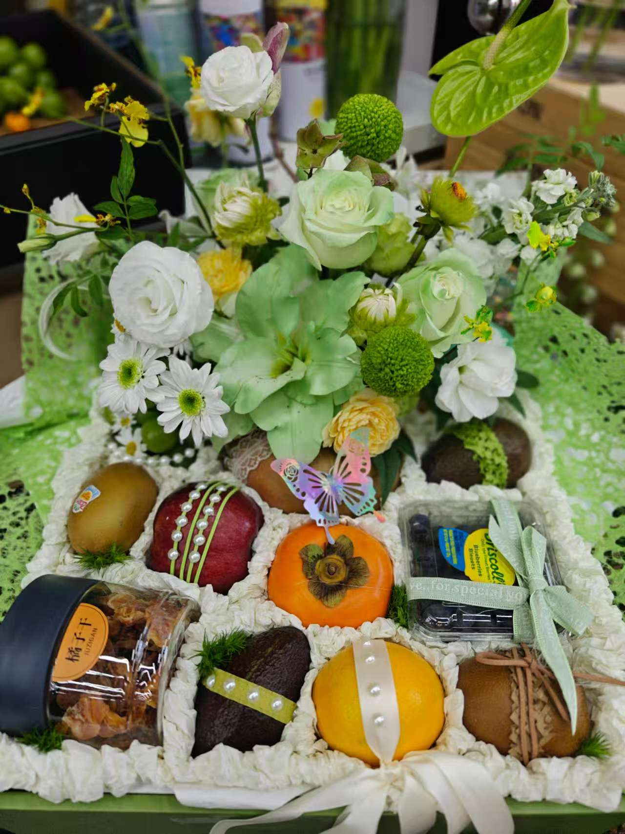 Proud Rose & Hydrangea Fruit Basket