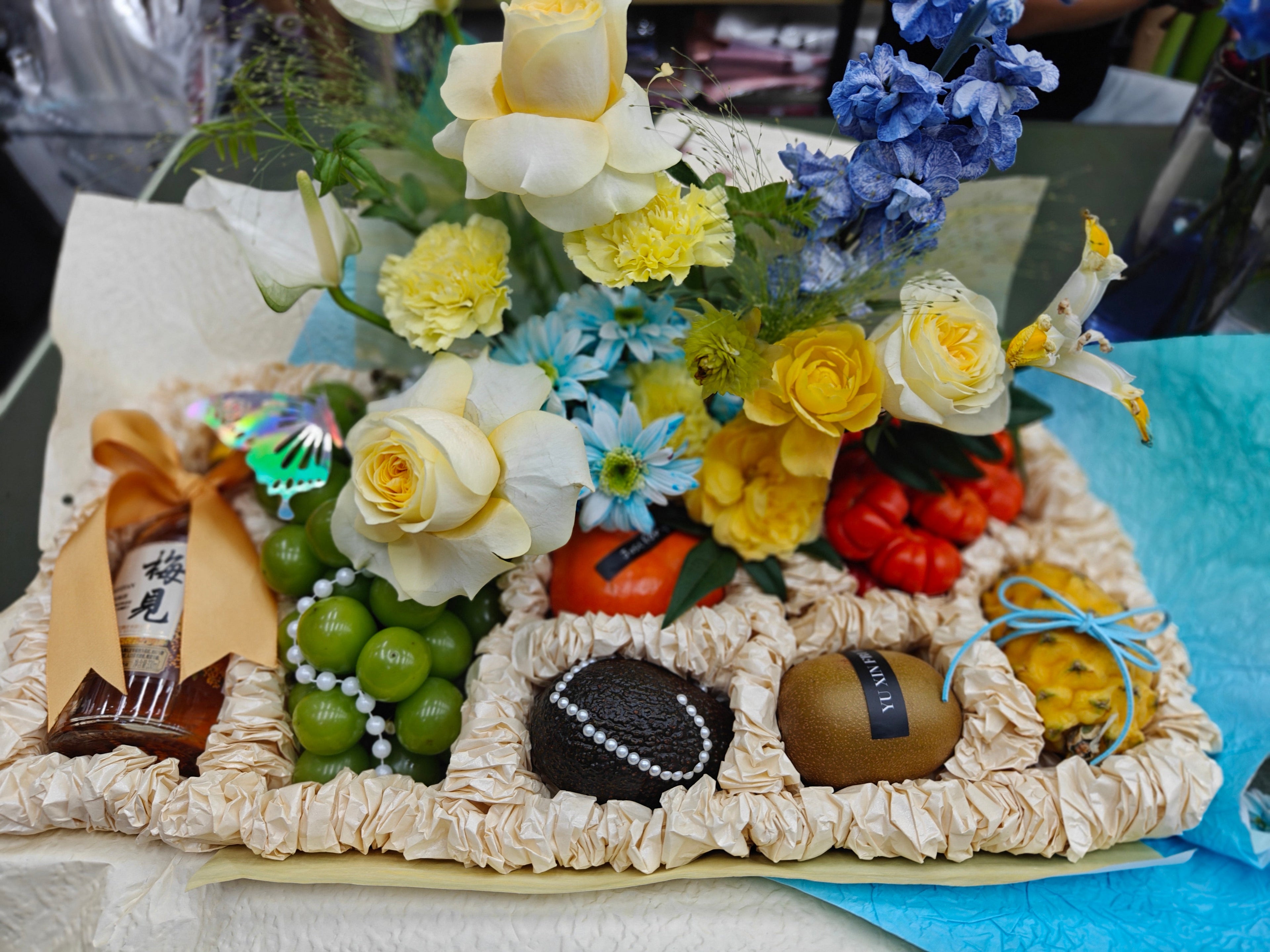 White Assorted Flower Fruit Basket