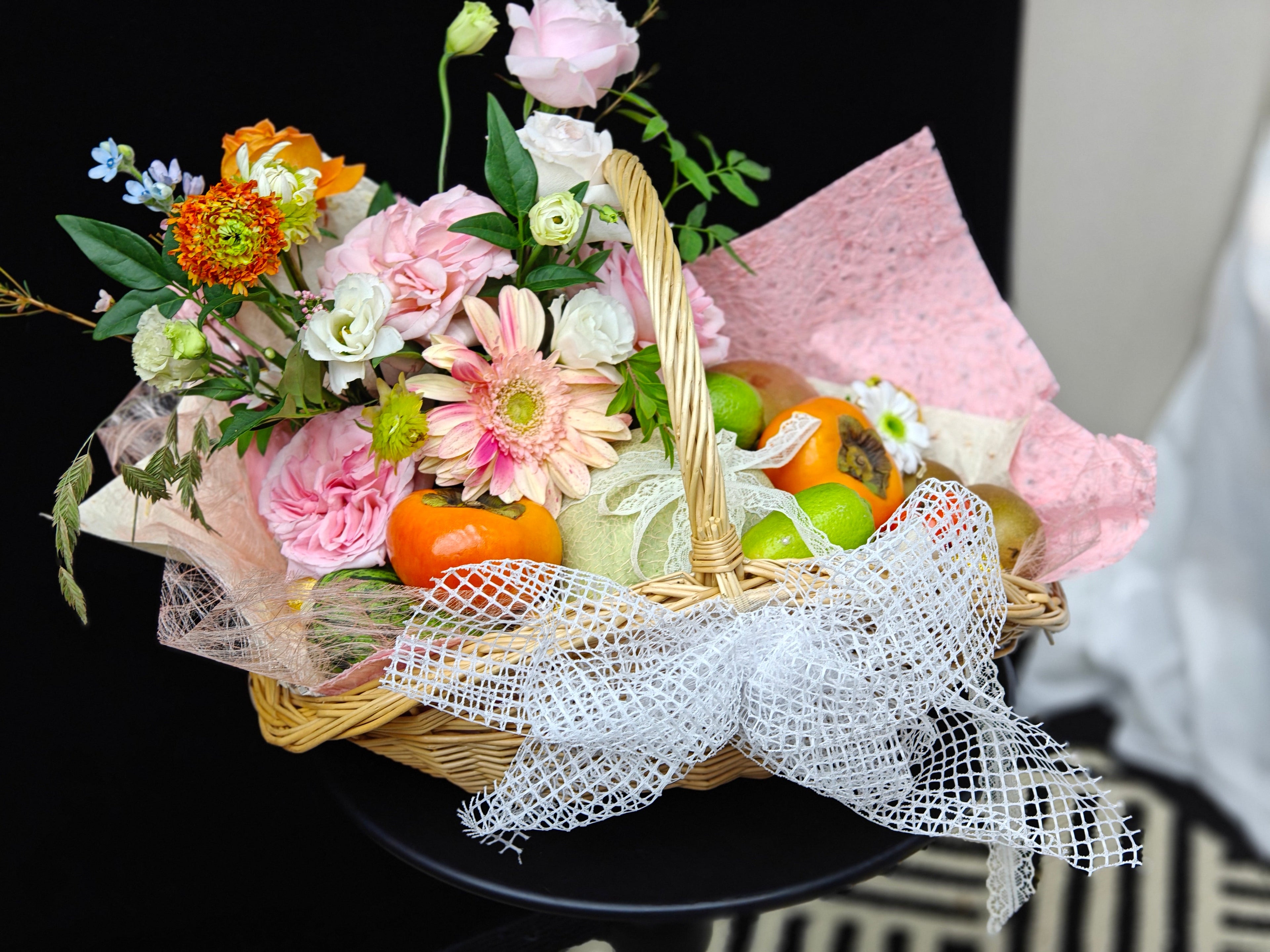 White Assorted Flower Fruit Basket