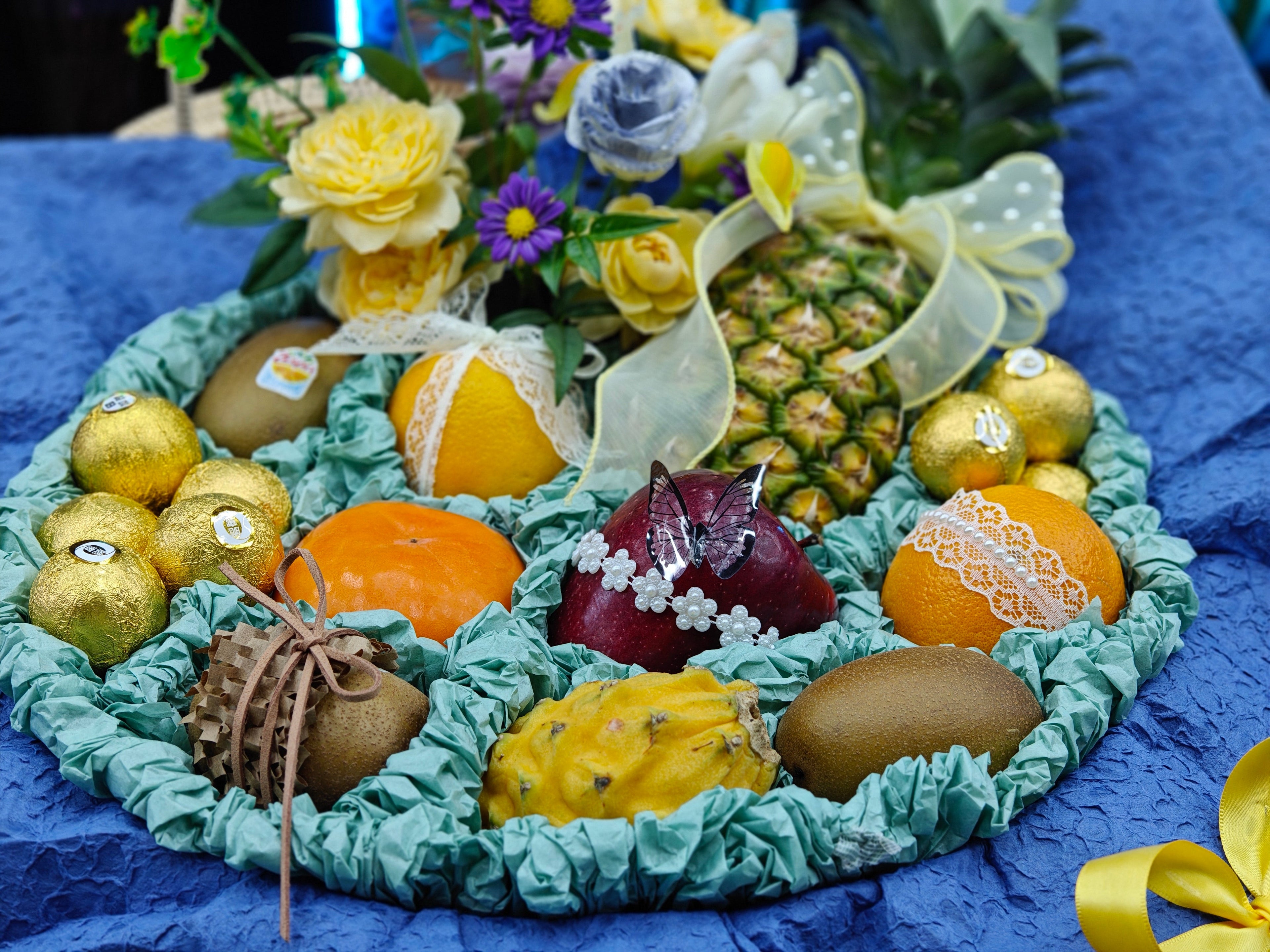 Blue Assorted Flower Fruit Basket
