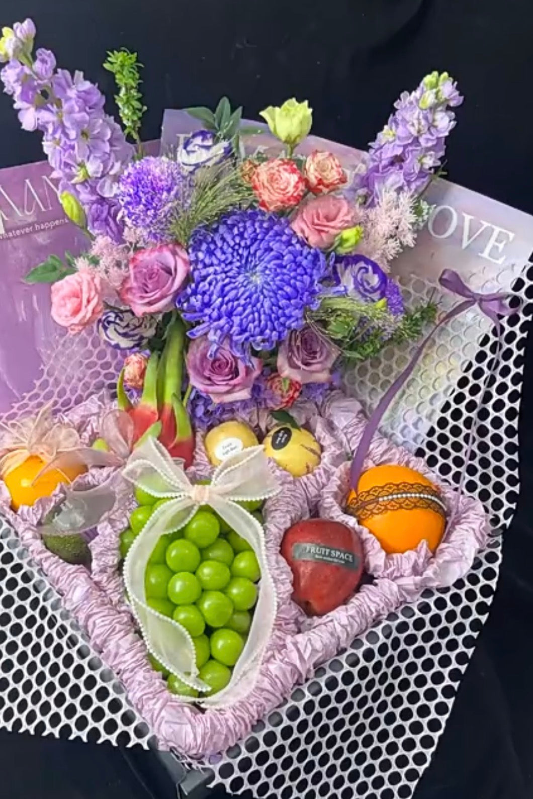 Purple Assorted Flower & Fruit Basket
