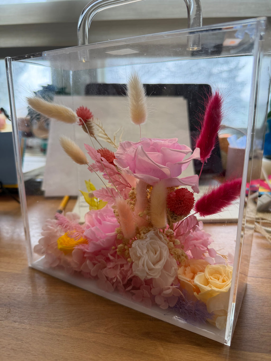 Pink preserved flowers box